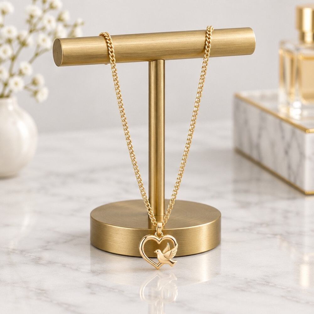 Vintage New Gold Heart and Dove Pendant Necklace